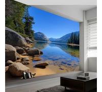 Carta da parati panoramica foresta montagne lago rocce, foto murale moderna 400L x 280A cm - Carta da parati decorazione casa fotografia artistica per soggiorno camera dei bambini ufficio