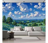 Carta da parati panoramica in seta 3D Dipinti Ad Olio Rurali, Blu-Verde Campi, Colline, Alberi Poster murale, Per soggiorno Camera da letto Sala da pranzo Murale