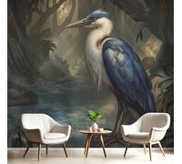 Carta da parati panoramica in seta 3D Illustrazione Realistica,Blu Scuro L'Airone Stava Sulla Riva Del Fiume Poster murale, Per soggiorno Camera da letto Sala da pranzo Murale