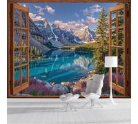 Carta Da Parati Panoramica in Seta Finestra Con Cornice In Legno Che Si Affaccia Su Un Lago Di Loti In Montagna 250x175cm, Vista Fuori Dalla Finestra Carta Da Parati Fotomurale per Camera Ristorante