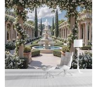 Carta Da Parati Panoramica in Seta Giardino Con Fontana In Marmo 300x210cm, Elegante Architettura Francese Carta Da Parati Fotomurale per Soggiorno Camera Ristorante Decorazione Da Parete, Color Crema