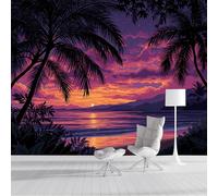 Carta Da Parati Panoramica in Seta Tramonto Tropicale Sull'Oceano, Carta Da Parati Scenario Da Spiaggia Da Sogno, Decorazione Da Muro Poster per Camera Da Letto Ristorante 400x280cm, Rosa Viola