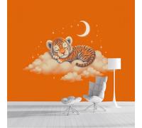 Carta Da Parati Panoramica in Seta Una Tigre Che Dorme Su Una Nuvola 400x280cm, Simpatico Animale Dei Cartoni Animati Decorazione Poster Arte Murale per Camera Dei Bambini Camera Da Letto, Arancia