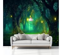 Carta da Parati Panoramica Mistero Fantasy Foresta Lucciole, Verde Carta da Parati Murale 400 x 280 cm (L x A) - Poster Decorativo Per Soggiorno Camera da Letto Dei Bambini E Studio