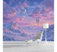 Carta Da Parati Panoramica Mongolfiera Sopra Le Montagne Innevate, Arte Fantasy Carta Da Parati in Seta per Camera Da Letto Soggiorno Camera Dei Bambini Decorazione Da Parete 200x140cm, Viola