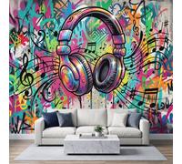 Carta da Parati Panoramica Non tessuta 250x175cm Graffitis Street, Cuffie Note Musica Cool Camera Da Letto Adolescente Carta Da Parati Foto, Per Soggiorno Camera Da Letto Bambini Decorazione Della
