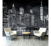 Carta da Parati Panoramica Non tessuta Stile Contrastato Ombra E Luce Bianco E Nero 150x105 cm Grigio Poster Parete Effetto 3D Moderno Decorazione Vista Notturna Linea Orizzonte ManhattanCamera