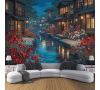 Carta da Parati Panoramica Notte Anime Lungo Canale, 400x280cm Decorativo Sfondo Edifici E Strade Tradizionali Carta da Parete Seta Decorazioni da Parete per Soggiorno Camera Da Letto, Marrone Scuro