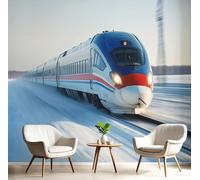 Carta da Parati Panoramica Paesaggio Invernale 3D di Seta, 250Lx175A cm, Binari Treni Grandi Murali Blu, per Soggiorno, Camera da Letto Studio Camera dei Bambini Decorazione