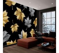 Carta da parati panoramica piante foglie dorate strisce, foto murale moderna 400L x 280A cm - Carta da parati decorazione casa arte astratta per soggiorno camera dei bambini ufficio