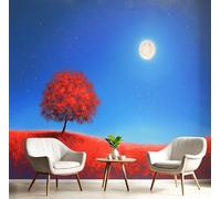 Carta da Parati Panoramica Pittura A Olio 3D di Seta, 150Lx105A cm, Alberi Rossi Colline Luna Grandi Murali Blu Rosso, per Soggiorno, Camera da Letto Studio Camera dei Bambini Decorazione