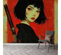 Carta da parati panoramica retro futurismo 250L x 175A cm, murale decorazione soggiorno neon samurai ragazza - Carta da parati design moderno per camera camera dei bambini decorazione murale