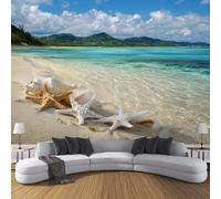 Carta Da Parati Panoramica Scena Di Spiaggia Tropicale 3D Seta,200L × 140A Cm - Carta Da Parati Conchiglia Stella Marina - Blu Grandi Murali Poster Per Soggiorno,Camera Da Letto,Adulto E Studio