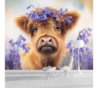 Carta Da Parati Panoramica Simpatici Bovini Delle Highlands 200L×140Acm, Marrone Murales In Seta - Campanula Ad Acquerello Poster Decor Da Parete Per Soggiorno Ufficio Corridoio Muro Di Sfondo