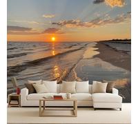 Carta Da Parati Panoramica Sole al Tramonto Mare Spiaggia 3D TNT, 200 x 140 Cm - Carta Da Parati Vista sul mare - Paesaggio Grandi Murali Poster Per Soggiorno,Camera Da Letto,Adulto E Studio