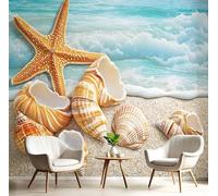 Carta da Parati Panoramica Spiaggia Scena 3D di Seta, 450Lx315A cm, Stella Marina Conchiglia Grandi Murali Lago Blu, per Soggiorno, Camera da Letto Studio Camera dei Bambini Decorazione