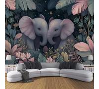 Carta da parati panoramica Stile Animale Della Giungla 3d seta,300L×210A cm - Carta da parati Alberi VerLussureggianti Design Elefante - Verde Scuro grandi murali poster per soggiorno,camera da letto
