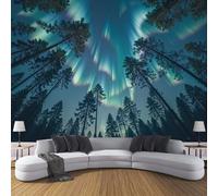 Carta da Parati Panoramica Stile Bohémien 450x315cm Fotomurali in Seta Aurora Boreale Nella Foresta XXL Poster Gigante Decorazione da Parete per Soggiorno Camera Camera dei Bambini, Blu-Verde