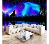 Carta da parati panoramica Stile Fantastico con Aurora Boreale Animale Lupo, 400 x 280 cm - Murale decorativo XXL, murale in TNT decorazione da muro per camera da letto, soggiorno o cameretta bambini