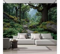 Carta Da Parati Panoramica Stile Sentiero Nella Nebbia Della Giungla 300x210cm, Carta Da Parati Paesaggio Della Foresta Pluviale Tropicale, Verde Grandi Murali Poster per Soggiorno Camera E Decor