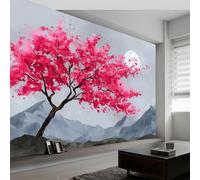 Carta da parati panoramica tradizionale orientale 200L x 140A cm, murale decorazione soggiorno montagne ciliegi in fiore luna - Carta da parati design moderno per camera camera dei bambini murale