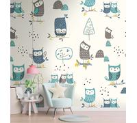 Carta Da Parati Per Bambini Con Gufi E Alberi - Colorata, Crema, Blu