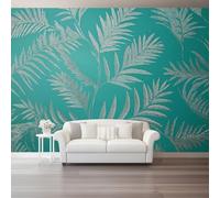 Carta Da Parati Piante Foglie Di Felce Consistenza Ciano Argento 3D Fotomurale - Design Moderno In Tessuto Non Tessuto Per Soggiorno, Camera Da Letto, Cucina, - Murale 200 X 140 Cm