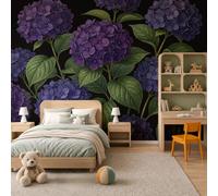 Carta Da Parati Piante Scure Realistiche Per Soggiorno Camera Da Letto | Murales Viola Scuro Con Ortensia Vintage Foglie Panorama Murale 300X210Cm, Grande Murale Fotografico Per Decorazione