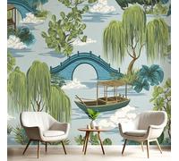 Carta Da Parati Piccola Barca Di Legno Willow Tree - Carta A Contatto Ponte Antico Tessuto Di Seta Murale Decorazione da Muro XXL per Camera Da Letto Soggiorno Sala Da Pranzo 400x280cm, Verde