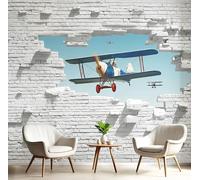 Carta Da Parati Piccolo Aereo Con Muro Di Mattoni 3D 400×280Cmbianco Tessuto Di Seta Murale Alla Decorazione Da Muro Gigante Design Carta Per Pareti Arte Stereoscopica Visiva Aspetto Concreto Natura