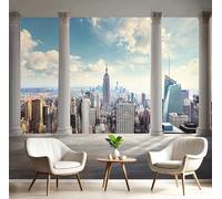 Carta Da Parati Pittura Blu Bianco Skyline Della Città In Seta 3D Edifici Alti Murale Alla Moda Decorazione Da Muro Panoramico Poster Design Per 400X280Cm Fotomurale Ornamento