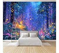 Carta da Parati Professionale 200 x 140 cm, Carta da Parati Resistente allo Sporco per Cucina e Sala da Pranzo, Decorazione Fotomurale Parete Blu Sognante Vista Notturna Lucciole Capanna Foresta
