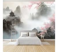 Carta da Parati Professionale 300 x 210 cm, Carta da Parati Resistente allo Sporco per Cucina e Sala da Pranzo, Decorazione Fotomurale Parete Bianco Orientale Architettura Pagoda Fiori Di Ciliegio