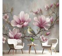 Carta da parati Rami Fiori Sul Muro Cemento Fotografica in Seta Magnolia E Uccelli D'Epoca Sfondo Murale Decorazione da Parete per Soggiorno Camera De Letto Sala Ufficio, 150x105cm, Grigio Chiaro