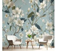 Carta Da Parati Rami Floreali D'Epoca Fotomurali Illustrazioni Di Fiori Decorazione da Muro XXL Poster Gigante Design per Camera letto, Soggiorno, 150x105cm, Azzurro Chiaro