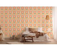 Carta Da Parati Retro Con Motivo A Onde E Fiori - Arancione, Giallo, Verde
