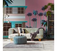 Carta Da Parati Retro "Miami" Con Edifici Colorati E Palme Davanti Al Tramonto