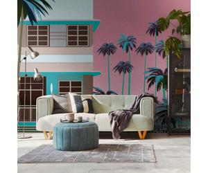 Carta Da Parati Retro "Miami" Con Edifici Colorati E Palme Davanti Al Tramonto