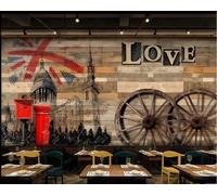 Carta Da Parati Retro Tavola Di Legno Edificio Di Graffiti Ruota Dell'AMORE Bar A Tema Ristorante Occidentale Sfondo Murale Carta Da Parati Per Caffetteria Con Tè Pomeridiano,3D,430x300 Cm
