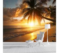 Carta Da Parati Sagome Di Palme Da Cocco Sulla Spiaggia 400L×280Acm Wallpaper Carta Da Parati Murale 3D, Tramonto Sulla Spiaggia Fotomurali Moderni Per Soggiorno E Camera Da Letto,Arancia