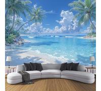 Carta da parati Spiaggia Con Palme 350× 256cm Fotomurali in TNT Murale alla Natura Oceano Decorazione da Muro XXL Poster Gigante Design Carta pareti Soggiorno Blu