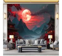 Carta Da Parati Stile Cinese 350 x 256 cm, Montagne Foglie Luna moda carta da parati non tessuta, Rosso Scuro Murale Soggiorno Camera Da Letto Sala Ufficio Cucina Camera dei Bambini