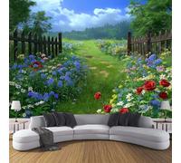 Carta Da Parati Stile Fantasy 350×256cm Verde Fotomurale in seta Per Casa Ufficio Camera Da Letto Gabinetto Soggiorno Fotomurali Decorazione da Muro,Recinzione In Legno Per Prati
