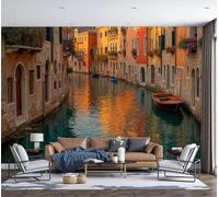Carta da Parati Stile fotografico realistico Edifici in mattoni e pietra lungo il canale 250x175cm, Fotomurali Arancia Decorazioni Parete, Seta Murale per camera da letto soggiorno