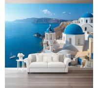 Carta Da Parati Stile Mediterraneo Architettura Vista Mare Blu Bianco 3D Fotomurale - Poster Gigante Da Parete Per Camera Da Letto, Soggiorno,Corridoio - Decorazione Murale 300 X 210 Cm