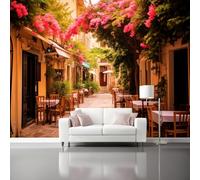 Carta Da Parati Stile Mediterraneo Panoramica 3D Non Tessuto - Arancio Viale Fiorito Tavoli E Sedie Fotomurale Per Soggiorno Camera Da Letto Ufficio Poster Gigante Design Moderno 400 X 280 Cm