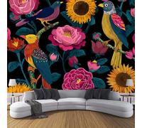 Carta da parati Stile Richard Scarry 350×256cm Blu Scuro Foto Murali in seta alla moda Decorazione da Muro XXL Poster Gigante Uccello Girasole Rosa Design Carta per pareti