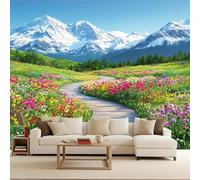 Carta da Parati Strada Assi Di Legno Fiori 500 x 280 CM, 3D Montagna Innevata Fotomurali in TNT Murale, Opaco Poster Gigante Wallpaper per Camera da Letto Soggiorno Parete di Sfondo TV Studio Hotel