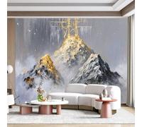 Carta da parati su misura con cime dorate, montagne nebbiose, arte astratta, cielo, autoadesivo, tessuto rimovibile per la decorazione di casa e ufficio