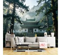 Carta da parati su misura con tempio zen tranquillo, paesaggio della foresta, luce mattutina, architettura asiatica, autoadesiva, tessuto rimovibile per la decorazione di casa e ufficio